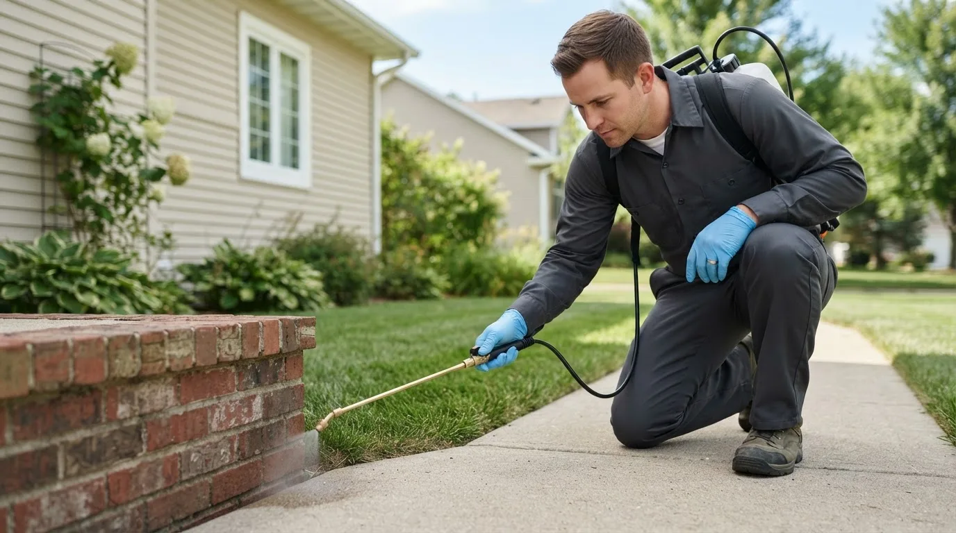 Pest control technician treating a home near Simpson, KS