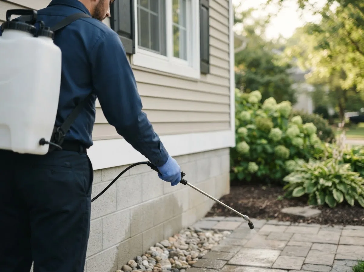 Pest control technician inspecting a home in Simpson, KS